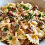 Beef and Bowtie Pasta with Alfredo Sauce