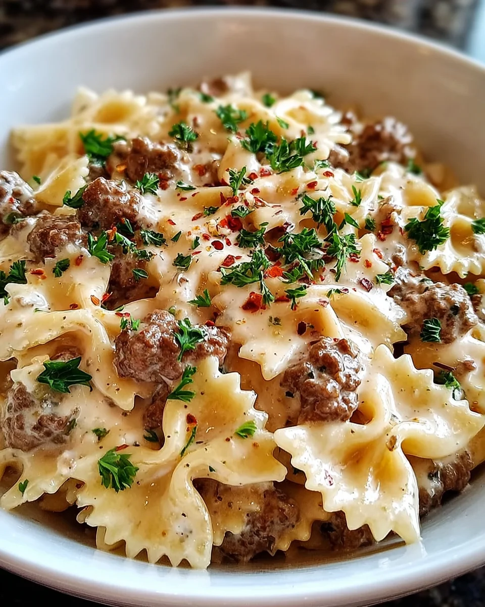 Beef and Bowtie Pasta with Alfredo Sauce