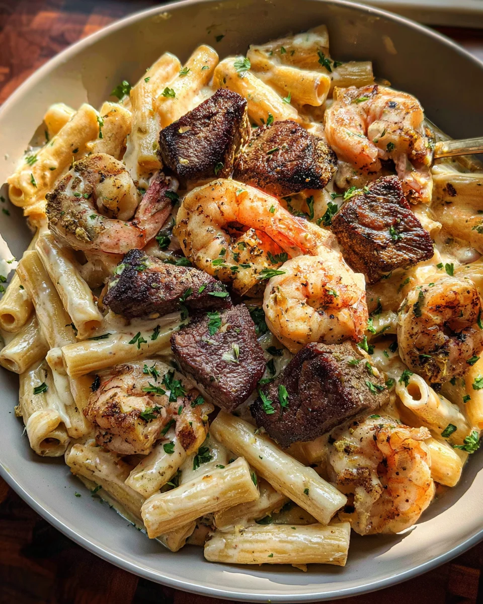 Blackened Steak and Shrimp Alfredo