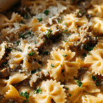 Cheesy Beef and Bowtie Pasta in Garlic Butter
