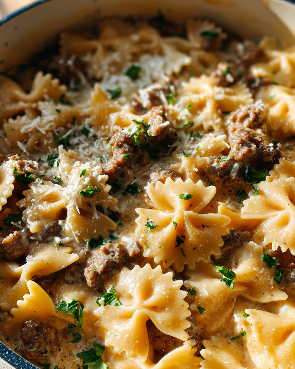 Cheesy Beef and Bowtie Pasta in Garlic Butter