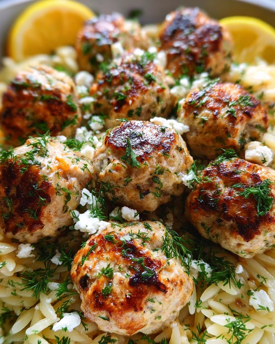 Greek Chicken Meatballs with Lemon Orzo