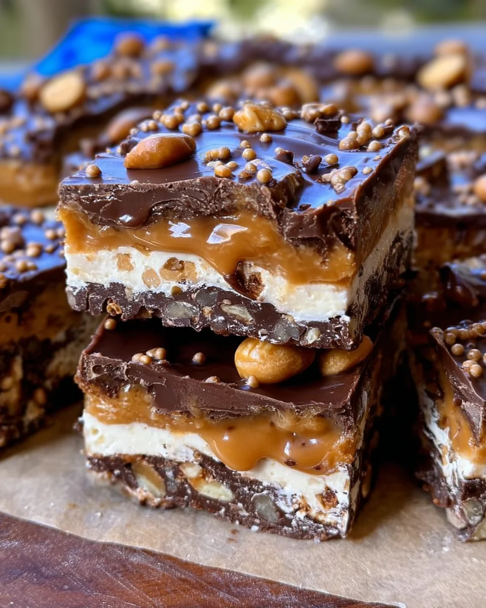 No Bake Crispy Snickers Bars