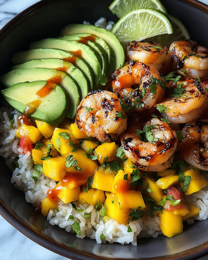 Shrimp and Avocado Bowls with Mango Salsa & Lime-Chili Sauce
