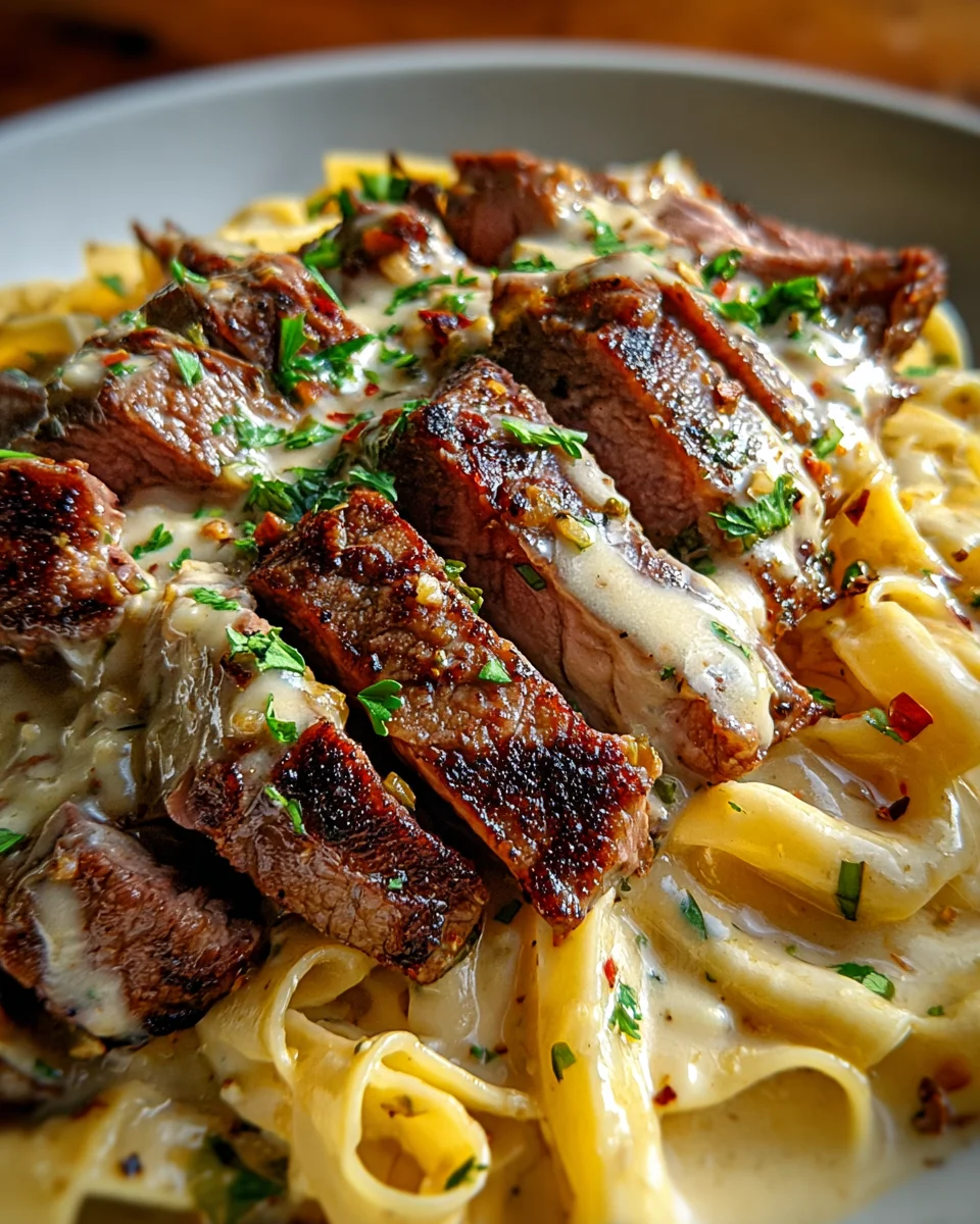 Steak and Creamy Garlic Parmesan Pasta