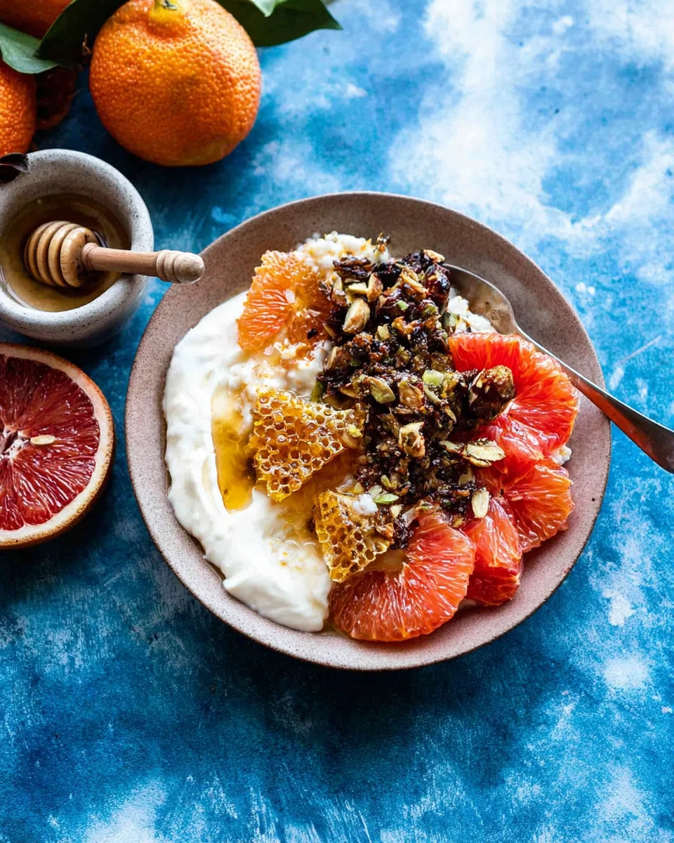 Winter Citrus Ricotta Breakfast Bowl with Honeycomb.