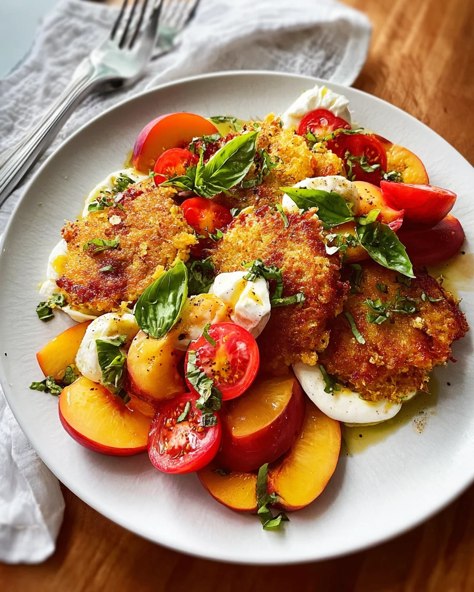 Corn Fritter Caprese with Peaches and Tomatoes