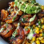 Grilled Shrimp Bowl with Avocado, Corn Salsa & Creamy Garlic Sauce