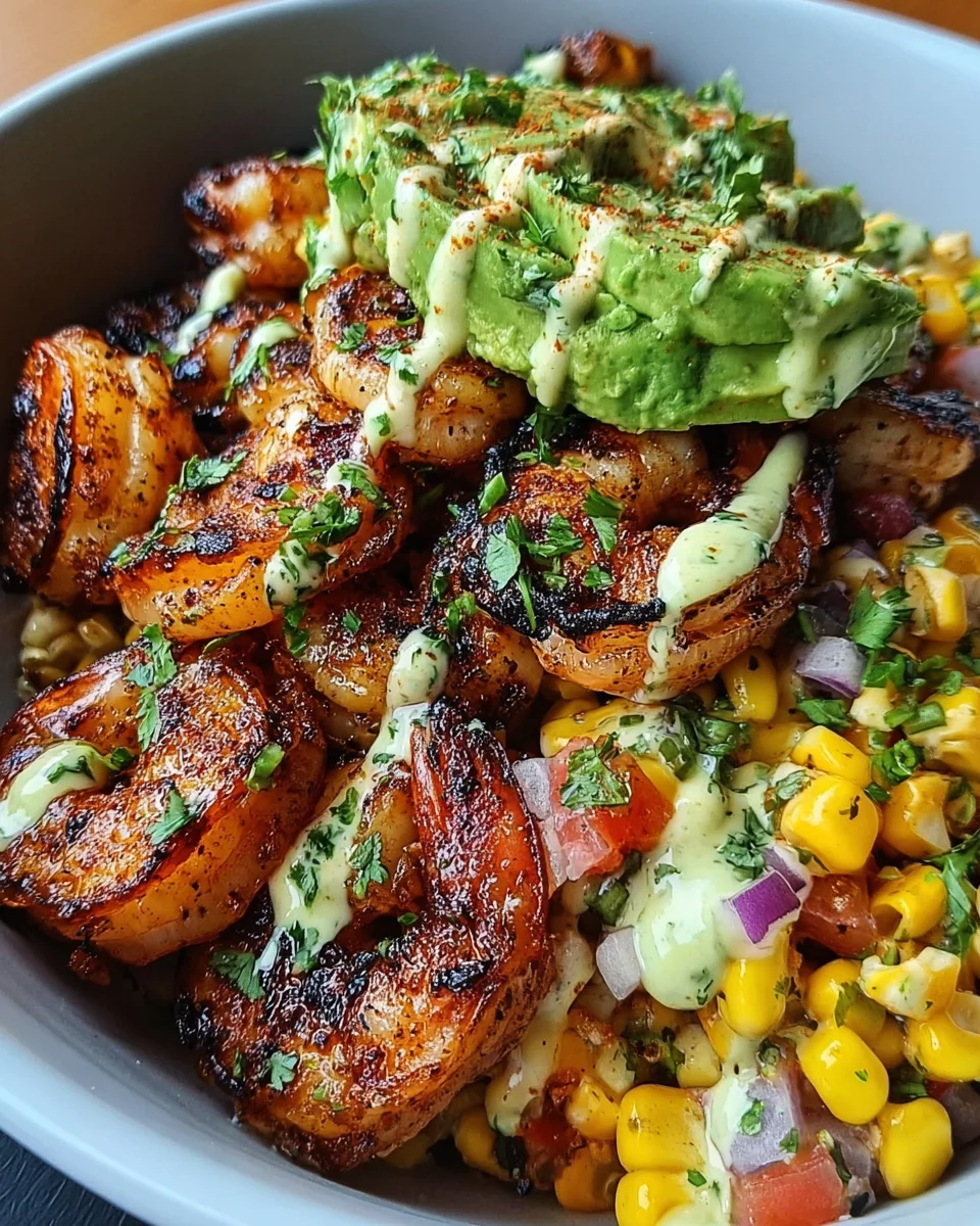 Grilled Shrimp Bowl with Avocado, Corn Salsa & Creamy Garlic Sauce