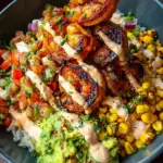 Grilled Shrimp Bowl with Avocado, Corn Salsa & Creamy Sauce