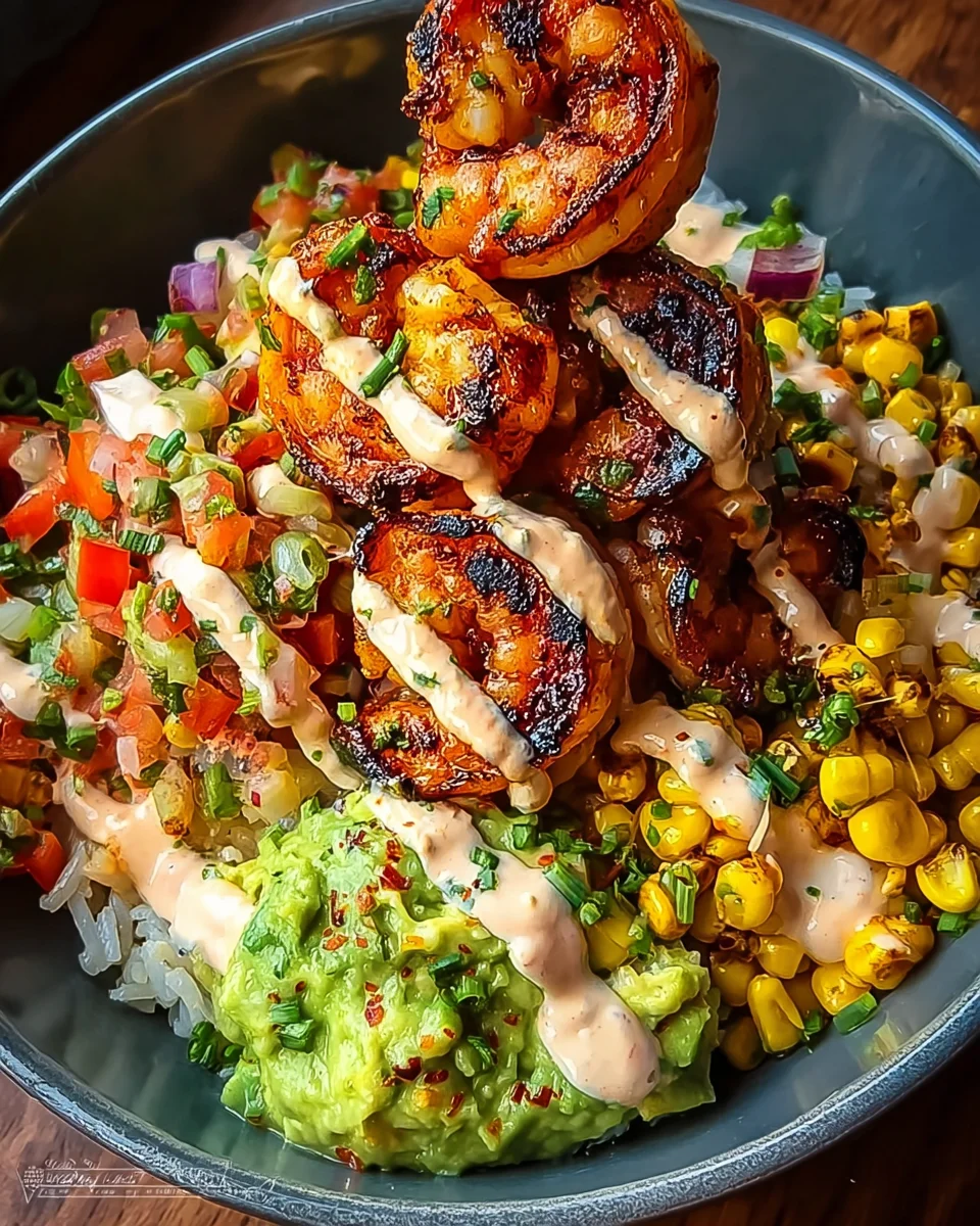 Grilled Shrimp Bowl with Avocado, Corn Salsa & Creamy Sauce
