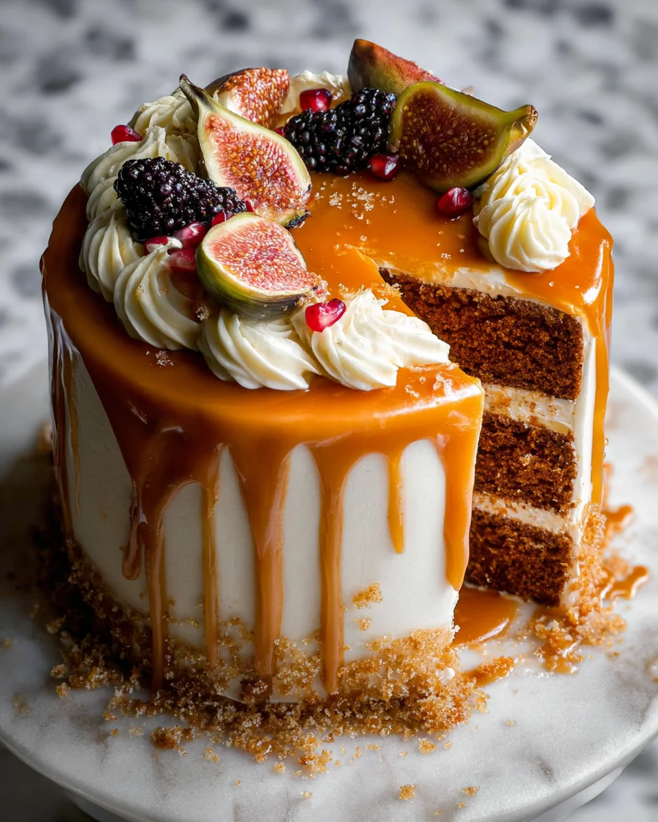Pumpkin Cake with Cream Cheese Frosting and Salted Caramel Drizzle