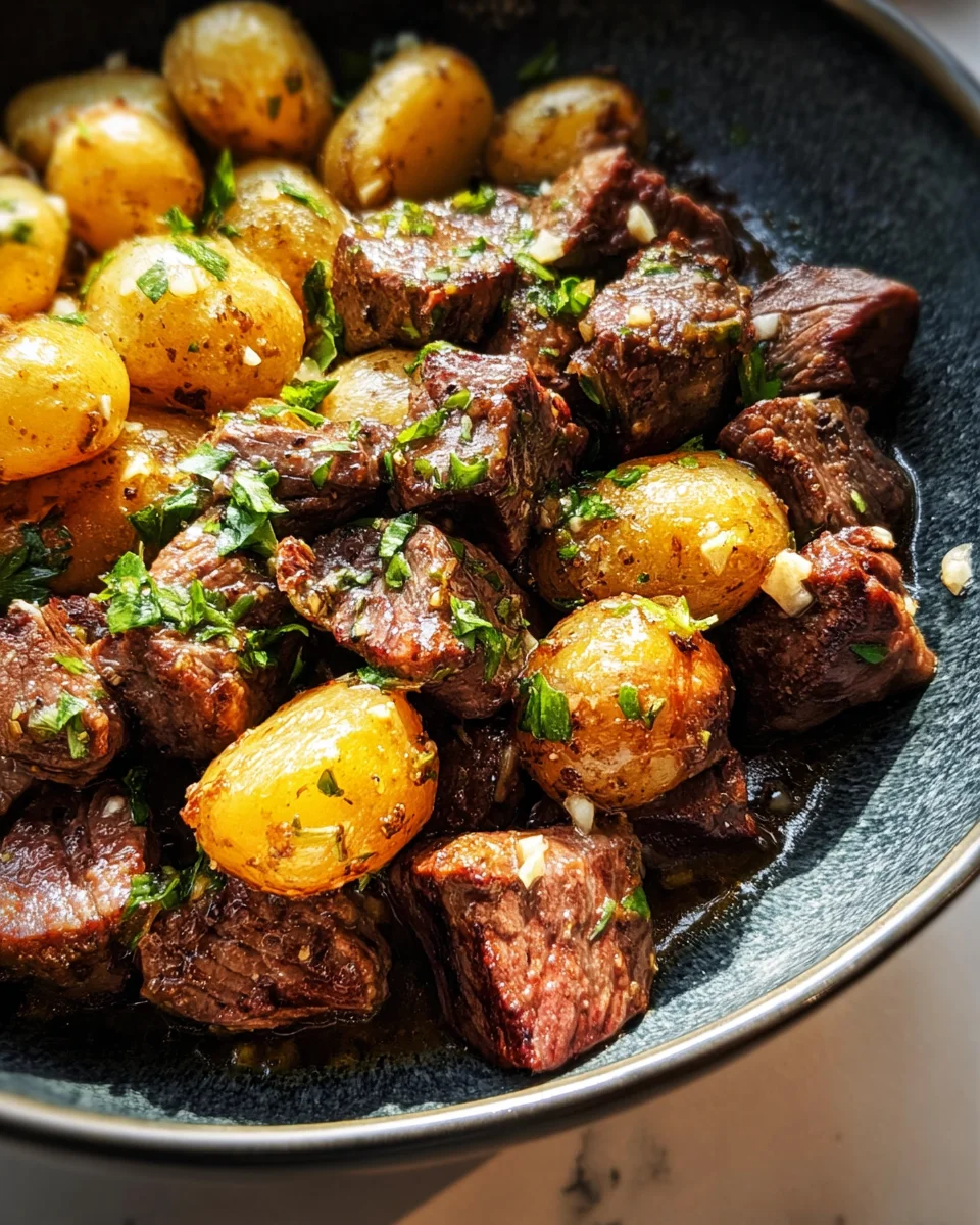 Slow Cooker Garlic Butter Beef Bites & Potatoes