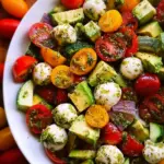 Tomato Cucumber Avocado Salad with Mozzarella and Basil Pesto