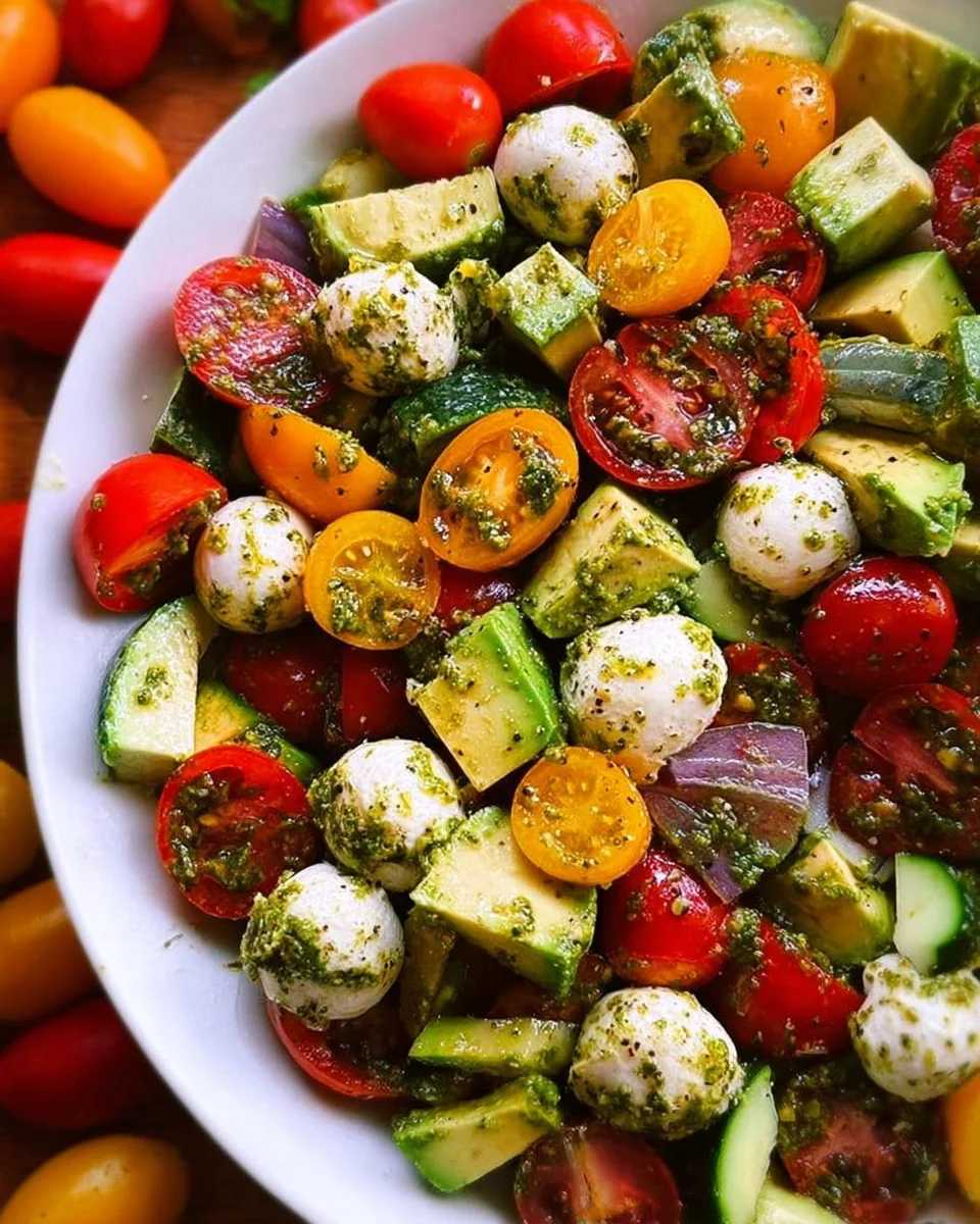 Tomato Cucumber Avocado Salad with Mozzarella and Basil Pesto