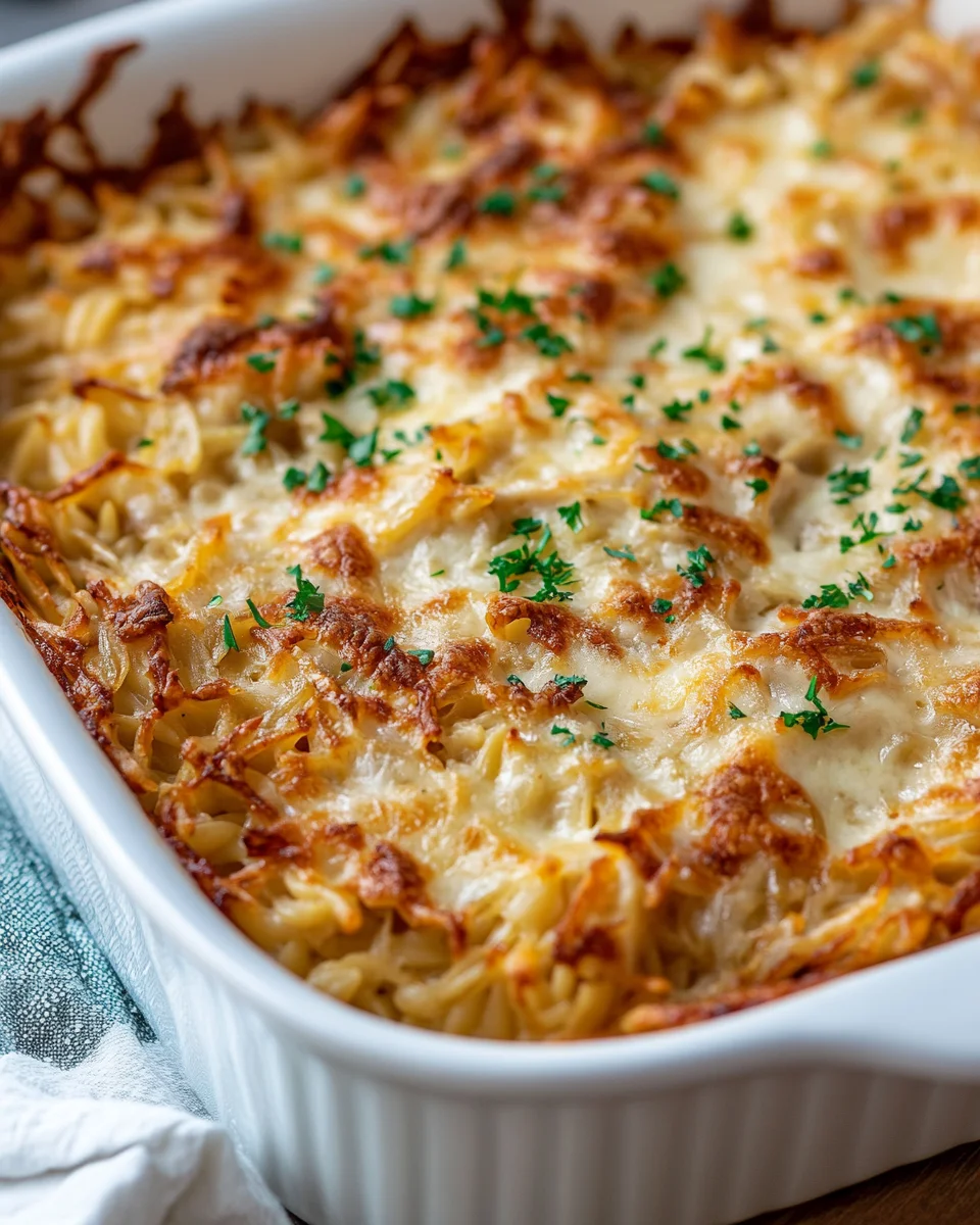 French Onion Chicken Orzo Casserole