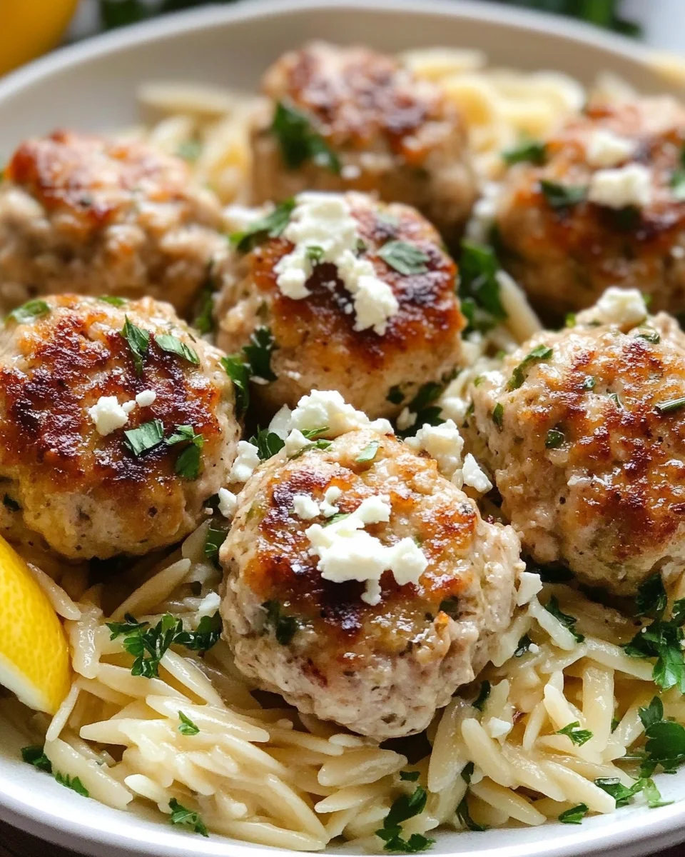 Greek Chicken Meatballs with Lemon Orzo