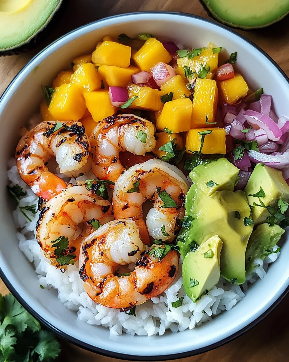 Shrimp and Avocado Bowls with Mango Salsa & Lime-Chili Sauce