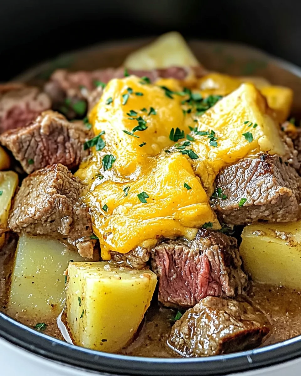 Slow Cooker Steak and Cheddar Potato Casserole