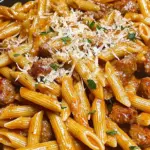 Sticky Sweet Garlic Parmesan Sausage Penne